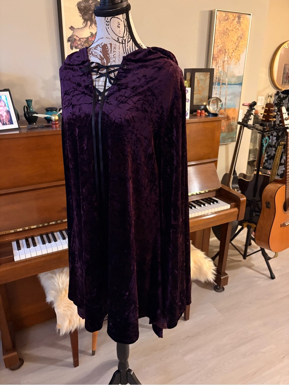 Killstar Purple Crushed Velvet Hooded Cape with Lace-Up Front